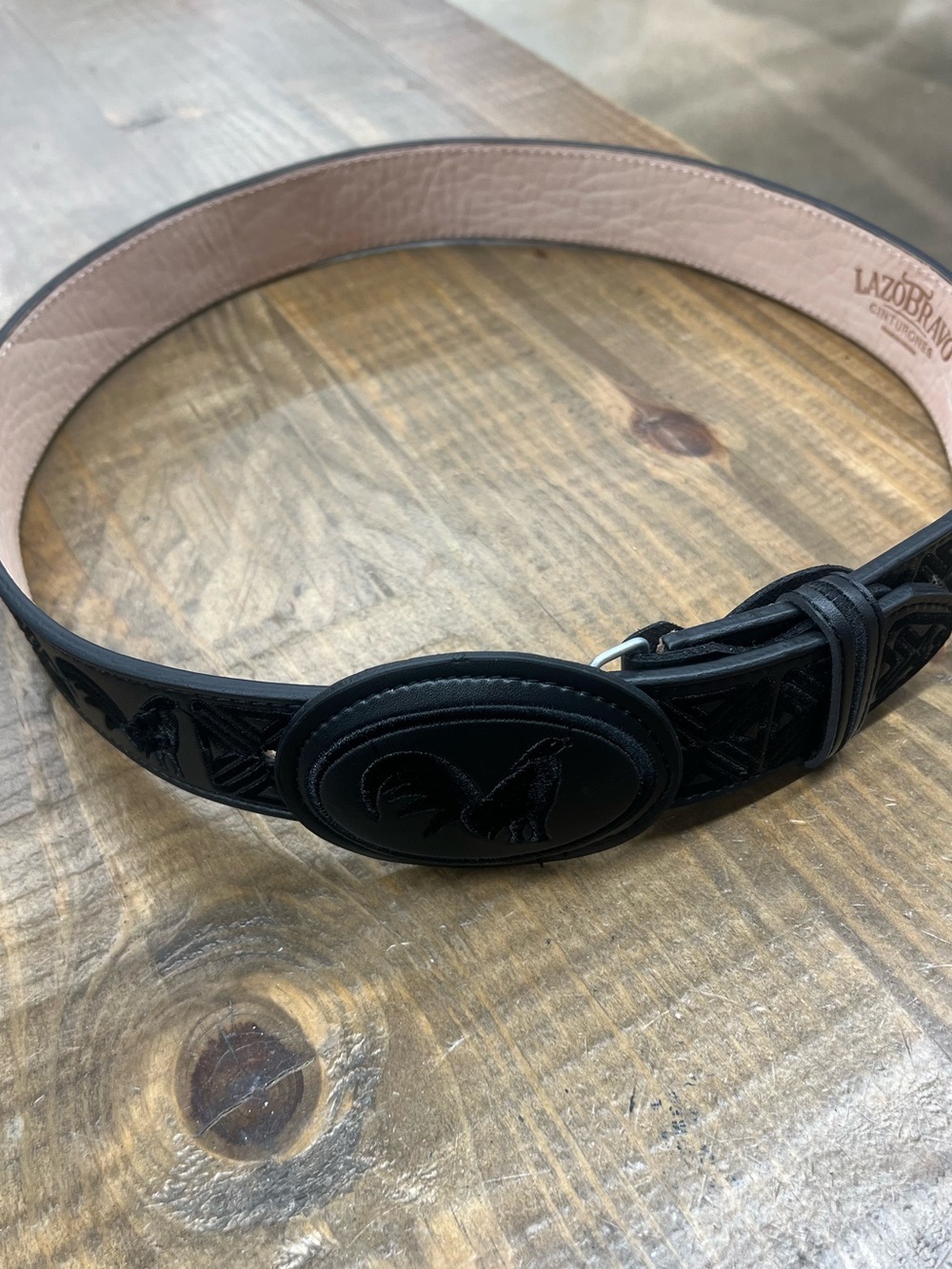 Black Leather Belt with Embroidered Rooster Design